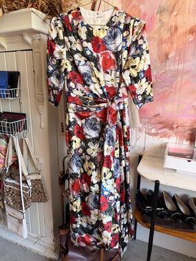 ERDEM Red, White, Navy & Yellow Floral Tie-Waist Long Sleeve Midi Dress